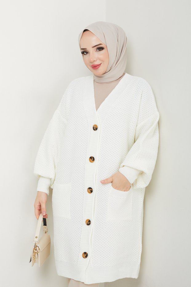 Women's Balloon Sleeve Knitted Pocket Knitwear Cardigan