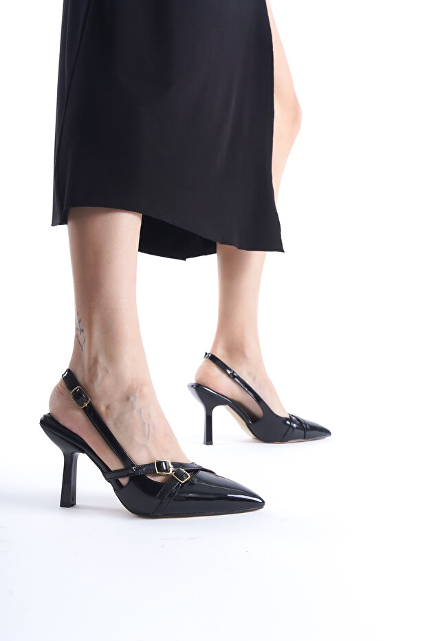Shiny Patent Leather Stylish Buckle Open Back Heeled Shoes