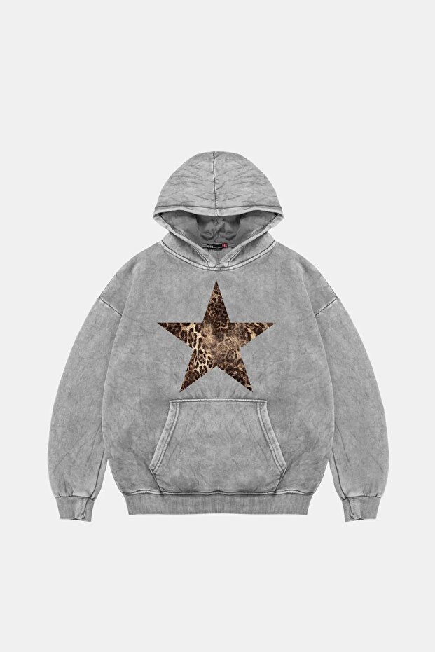 Leopard Starz Printed Oversize Unisex Premium Washed White Hoodie