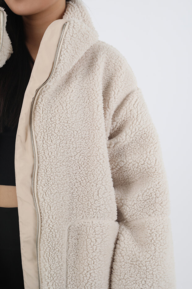 Oversize Dik Yakalı Cepli Peluş Mont - 6