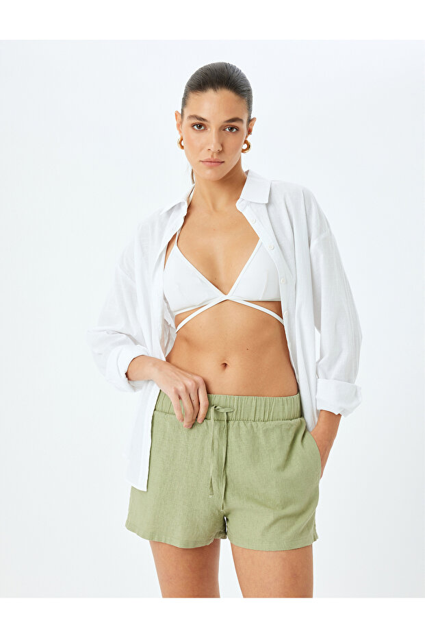Viscose Linen Blended Shorts with Lace-Up Waist Pockets