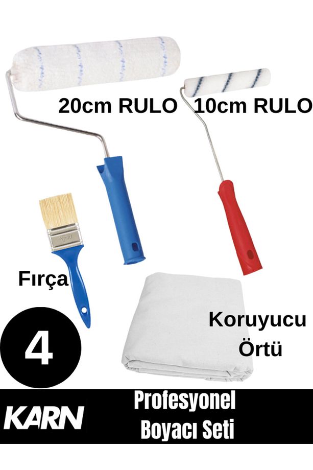 Profesyonel Boyacı Seti | 20 Cm Iç Dış Rulo Saplı | 10 Cm Rulo Sap | Fırça | Koruyucu Örtü 10m2 - 1