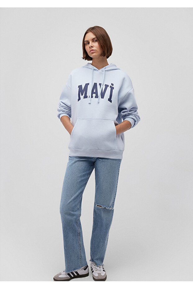 logo baskılı kapüşonlu mavi sweatshirt - 2