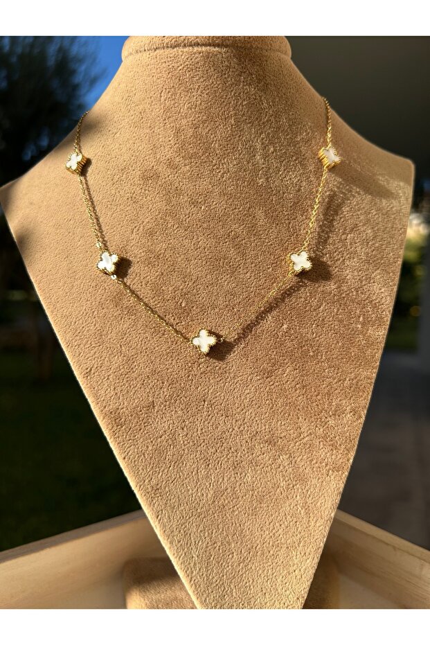 Steel Gold White Enameled 4 Leaf Multiple Mini Clover Necklace