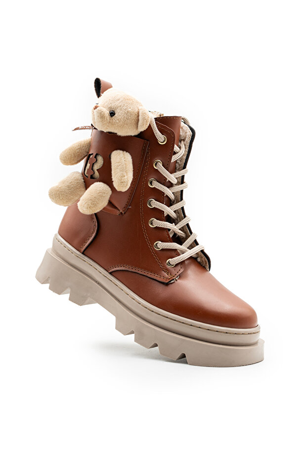 Unisex Erkek-Kız Çocuk Ayıcık Suya Dayanıklı Bağcıklı Kışlık Tüylü İç Astarlı Bot Ayakkabı FK3374 - 1