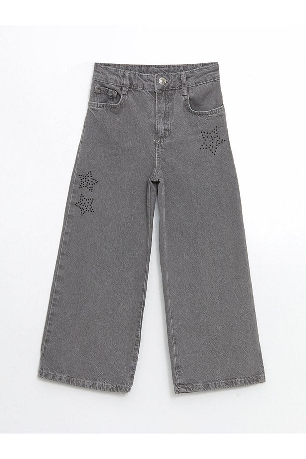 LCW Kids Beli Ayarlanabilir Lastikli Taş Baskılı Kız Çocuk Jean Pantolon - 1