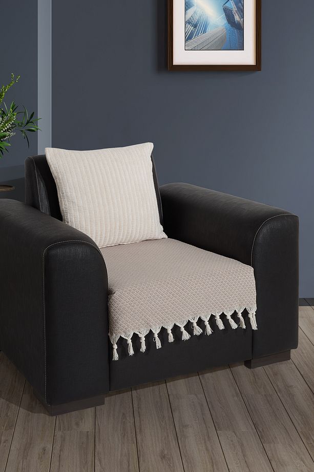 Oturma Yerini Kapatan Saçaklı Koltuk Örtüsü %100 Pamuk | Berjer Örtüsü Koltuk Şalı 70x95 Cm Bej - 1
