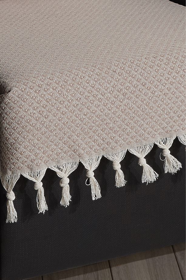 Oturma Yerini Kapatan Saçaklı Koltuk Örtüsü %100 Pamuk | Berjer Örtüsü Koltuk Şalı 70x95 Cm Bej - 3