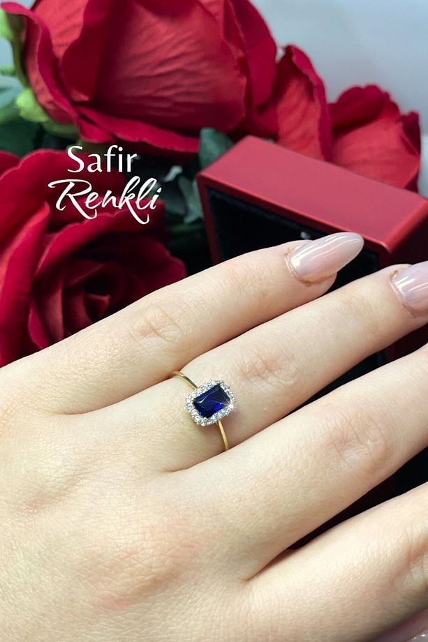 Safir Renkli Tektaş Altın Yüzük - 5