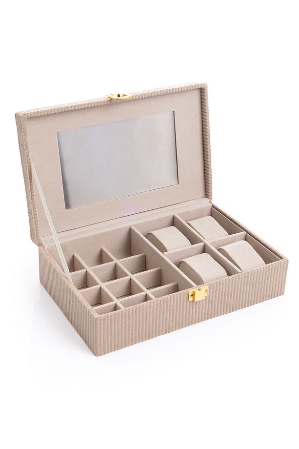 Aynalı Kahve Fitilli Kadife Mücevher Kutusu, Organizer, Takı Kutusu 25 X 16 X 7 Cm - 2