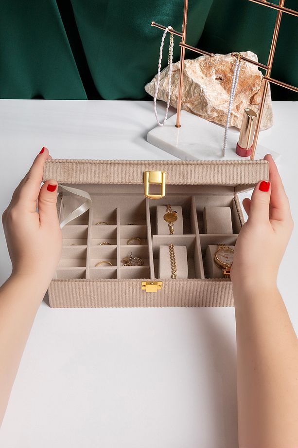 Aynalı Kahve Fitilli Kadife Mücevher Kutusu, Organizer, Takı Kutusu 25 X 16 X 7 Cm - 6
