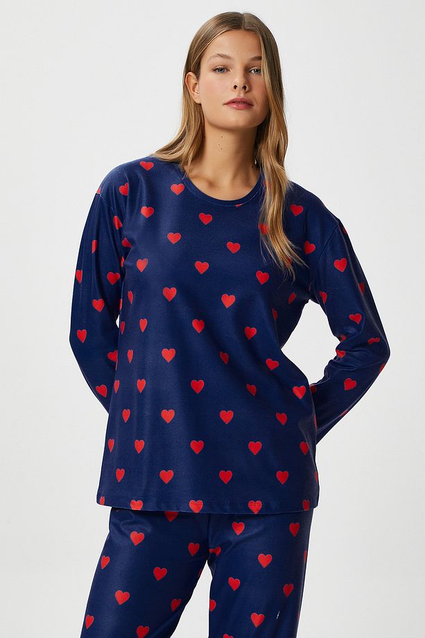 Kadın Ely Premium Bisiklet Yaka Lacivert Kalp Süet Doku Yılbaşı Pijama Takımı - 4