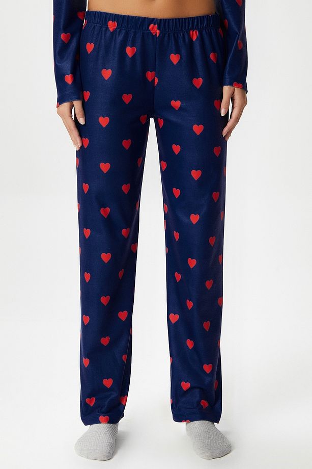 Kadın Ely Premium Bisiklet Yaka Lacivert Kalp Süet Doku Yılbaşı Pijama Takımı - 5