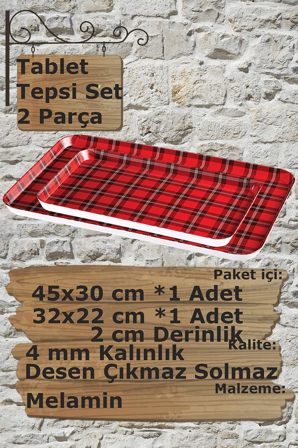 Mimhome Tepsi Seti /2 Parça Ekose Kırmızı:hediyelik Ev Mutfak Salon,çay Kahve Servisi,ikram Tepsisi - 2
