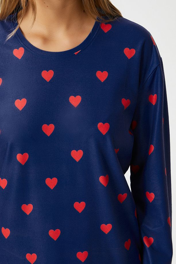 Kadın Ely Premium Bisiklet Yaka Lacivert Kalp Süet Doku Yılbaşı Pijama Takımı - 3