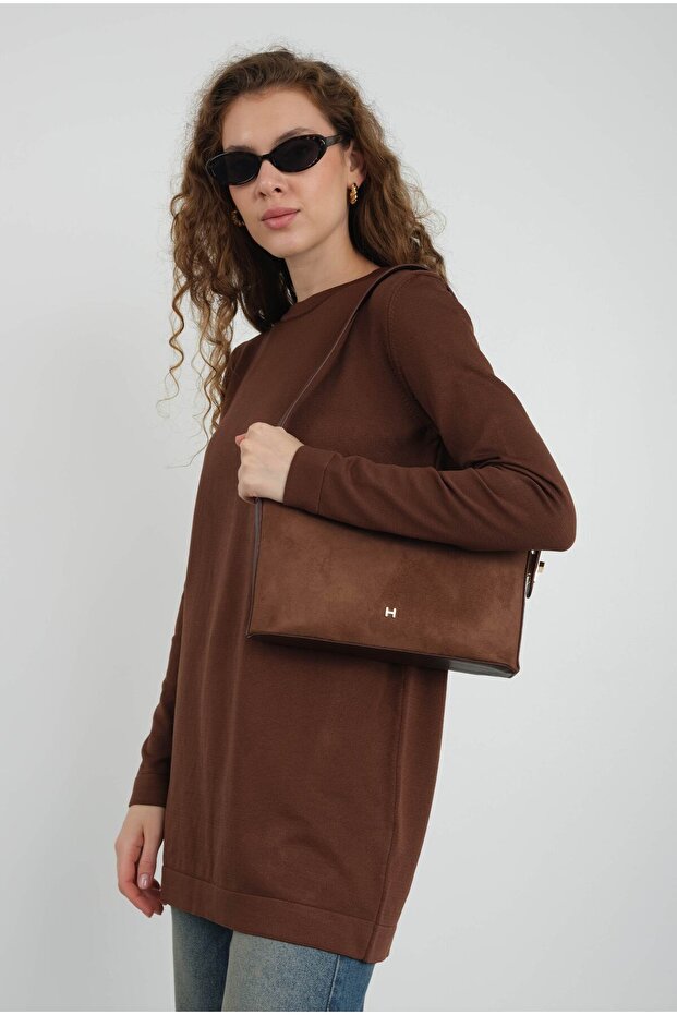 Deri Saplı Süet Çanta Taba - 5