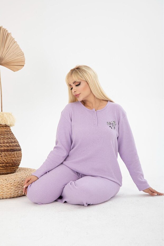 Kadın Büyük Beden Kışlık Lila Tek Çiçek Pijama Takımı - 3
