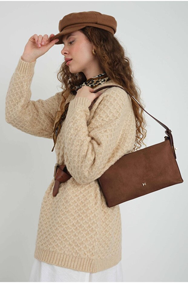 Deri Saplı Süet Çanta Taba - 1