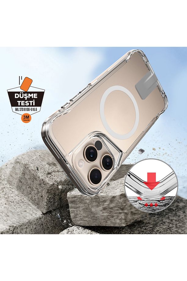 İphone 16 Pro Max Kılıf Şeffaf Magsafe Şarj Özellikli Köşe Korumalı Saklanabilir Standlı Sert Pc - 3