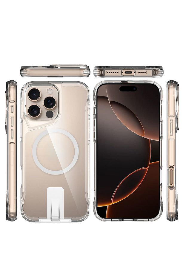 İphone 16 Pro Max Kılıf Şeffaf Magsafe Şarj Özellikli Köşe Korumalı Saklanabilir Standlı Sert Pc - 4