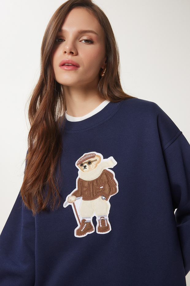 Teddy Bear Embroidered Knitted Sweatshirt Dark Blue Lwe0001