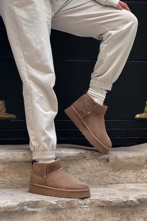 Mini Dark Beige Suede Thick Sole Women's Boots with Fur Inside