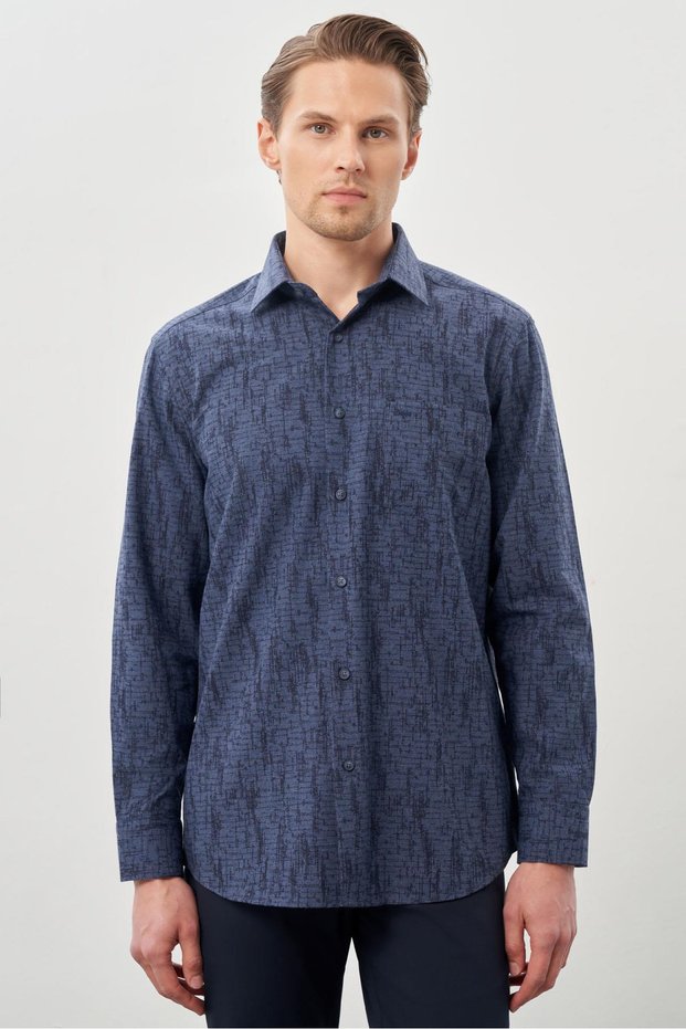 Men's Dark Navy Blue Long Sleeve Pocket Cotton Comfort Fit Shirt 1004245214