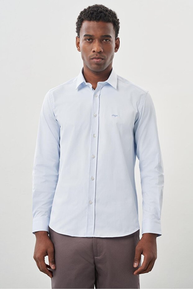 Blue Long Sleeve Hard Neck Pocketless Cotton Lycra Classic Slim Fit Slim Fit Shirt 1004245234
