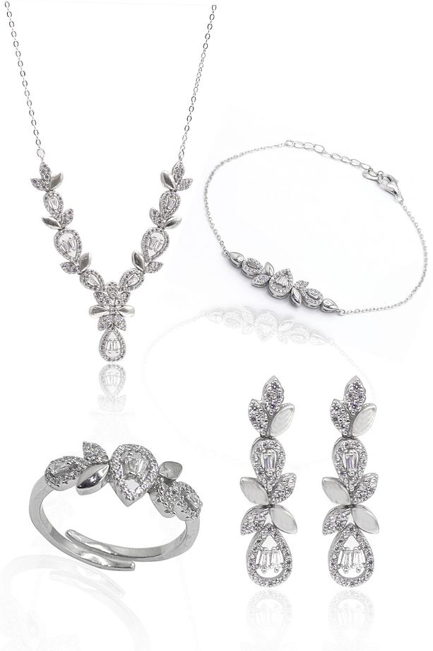 Zirkon Taşlı Damla Model 925 Ayar Gümüş Dörtlü Set 201023538 - 1