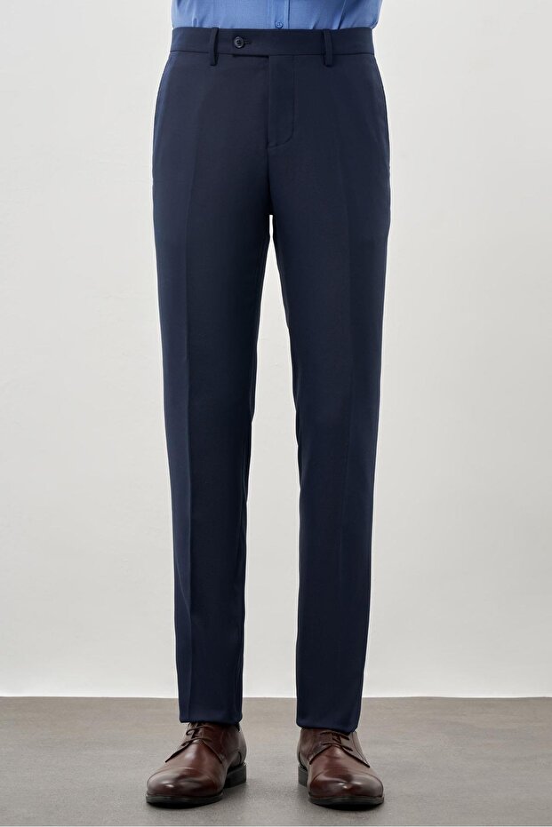 Men's Navy Blue Flexible Slim Fit Trousers with Side Pockets 1003245209