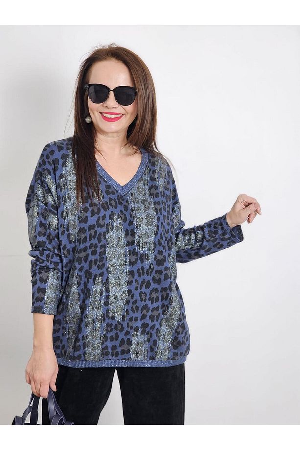 FELİX13039 Leopar Desenli Varaklı Mavi İthal Triko Bluz - 1