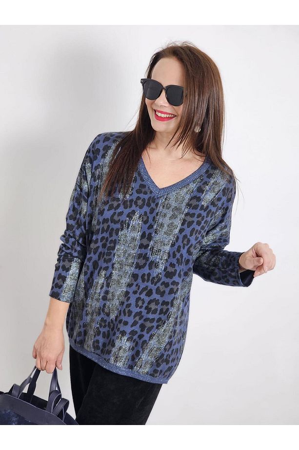 FELİX13039 Leopar Desenli Varaklı Mavi İthal Triko Bluz - 5