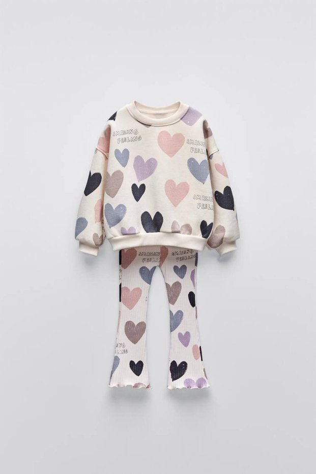 Girl's Heart Printed 3 Thread Fabric Ribbed Spanish Leg Tights Top Set
