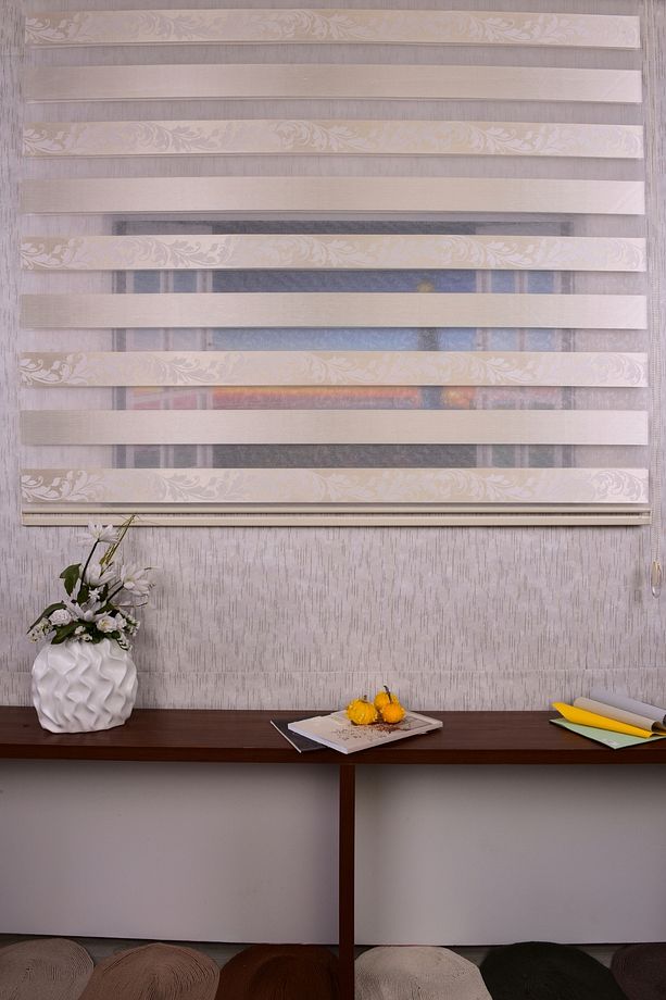 Krem Kendinden Desenli Etek Dilimsiz Ds 954-v1 Zebra Stor Güneşlik Perde - 1