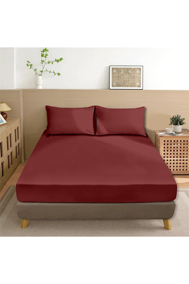 100% Cotton Akfil Flat Sheet Set Double 240X260 cm Dark Claret Red