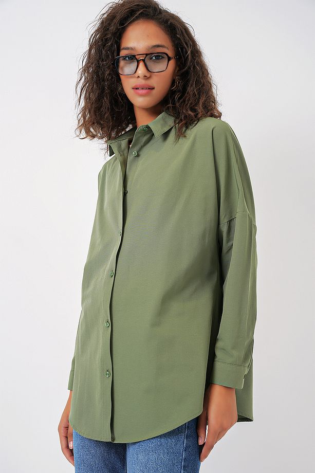 3900 Oversize Uzun Basic Gömlek - Haki - 4