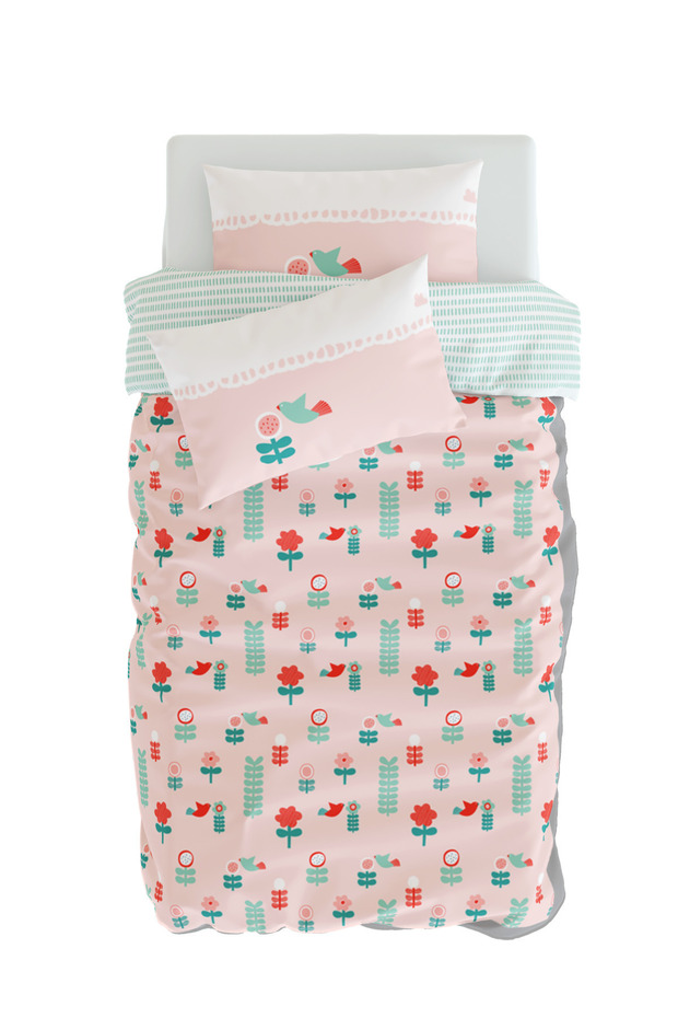 Double Sided Organic Single Children's Duvet Cover Set - Flower and Bird Pattern - Amulet Series