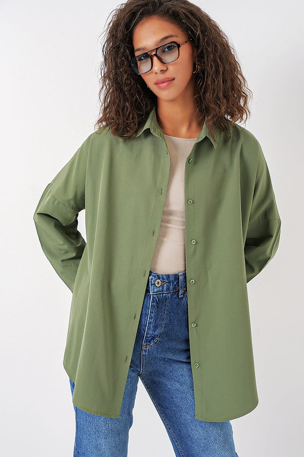 3900 Oversize Uzun Basic Gömlek - Haki - 3