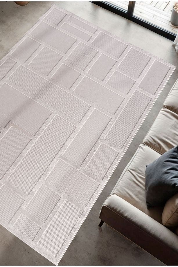 Modern Tasarım Sisal Kaydırmaz Dokuma Tabanlı İnce Makine Halısı  Krem Renk - 3