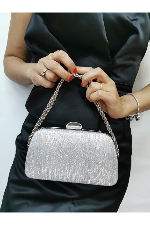 Soave Collection Women's Evening Dress Laser Silver Shiny Zi̇Nci̇Rli̇ Wedding Night Party Bag