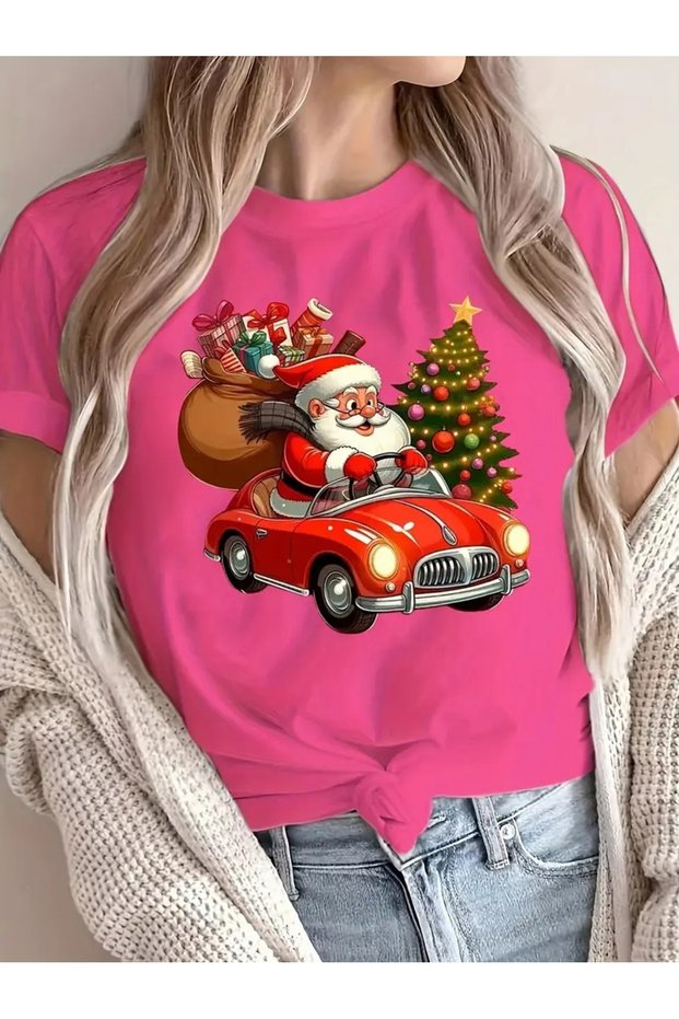 Women's Santa Claus with Car New Year Printed T-Shirt Oversize Loose Fit Christmas New Year