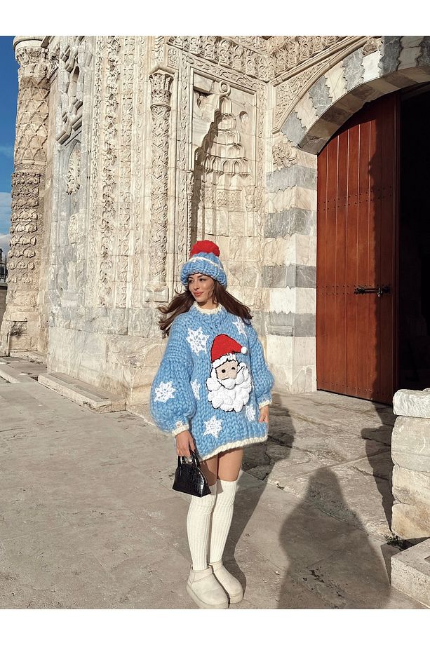 Santa El Örgüsü Kazak Elbise + Bere Takımı - 4