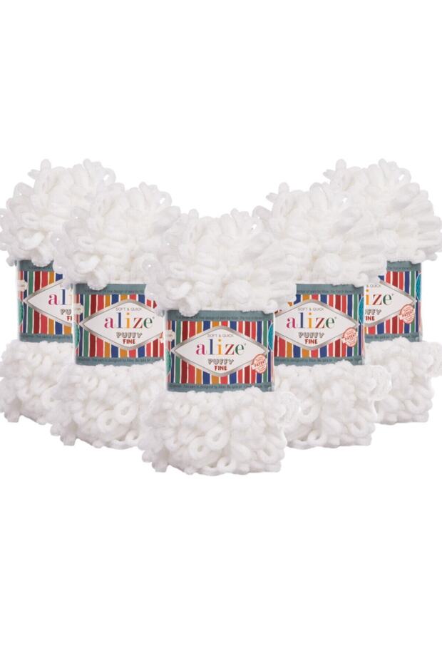 5 Pieces of Puffy Fine (Thin) Hand Knitting Yarn 5-Pack-55 White - 100 Gr. 14.5 Meters.