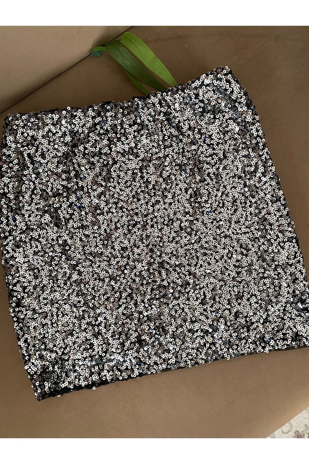 siyah gümüş pullu payet mini etek - 3