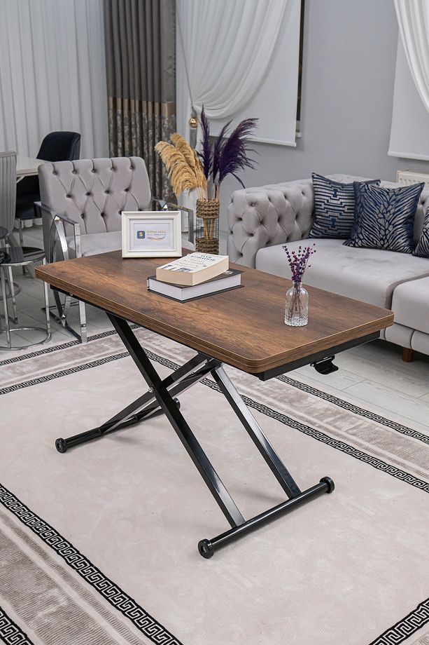 Akıllı Sehpa Home Üst Tabla Mdf Barok Koyu Ceviz Oval Köşe Alt Mekanizma Siyah Renk - 3