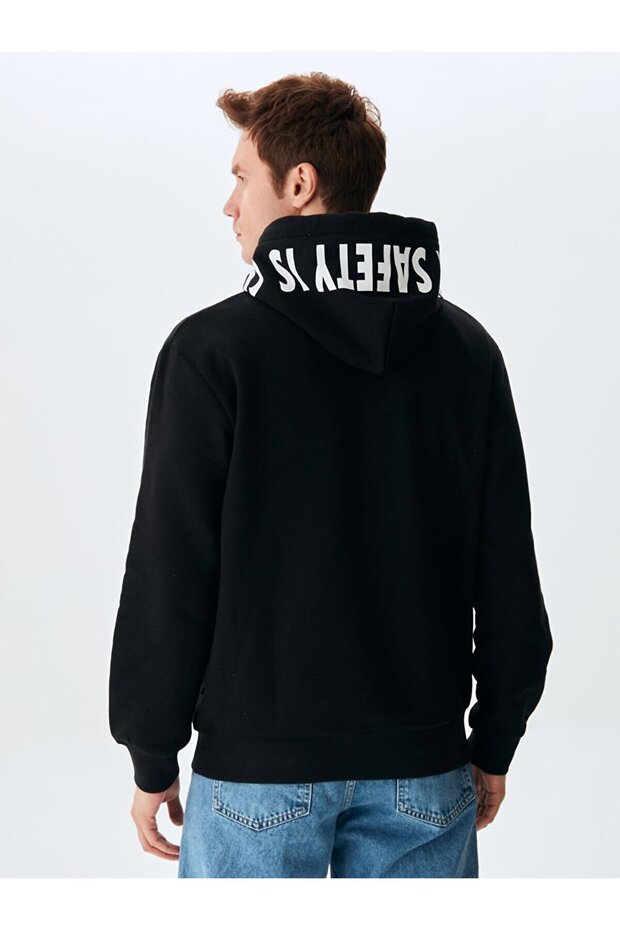 Slogan Kapüşonlu Siyah Sweatshırt - 3