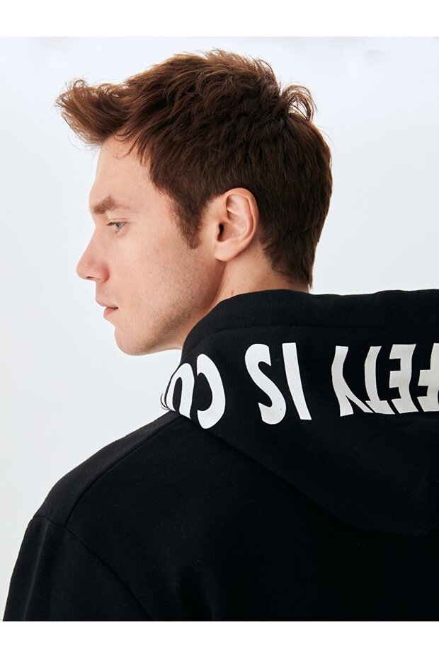 Slogan Kapüşonlu Siyah Sweatshırt - 5