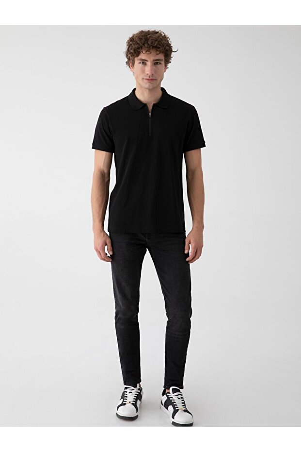 Zippered Polo Neck Short Sleeve Regular Black T-Shirt