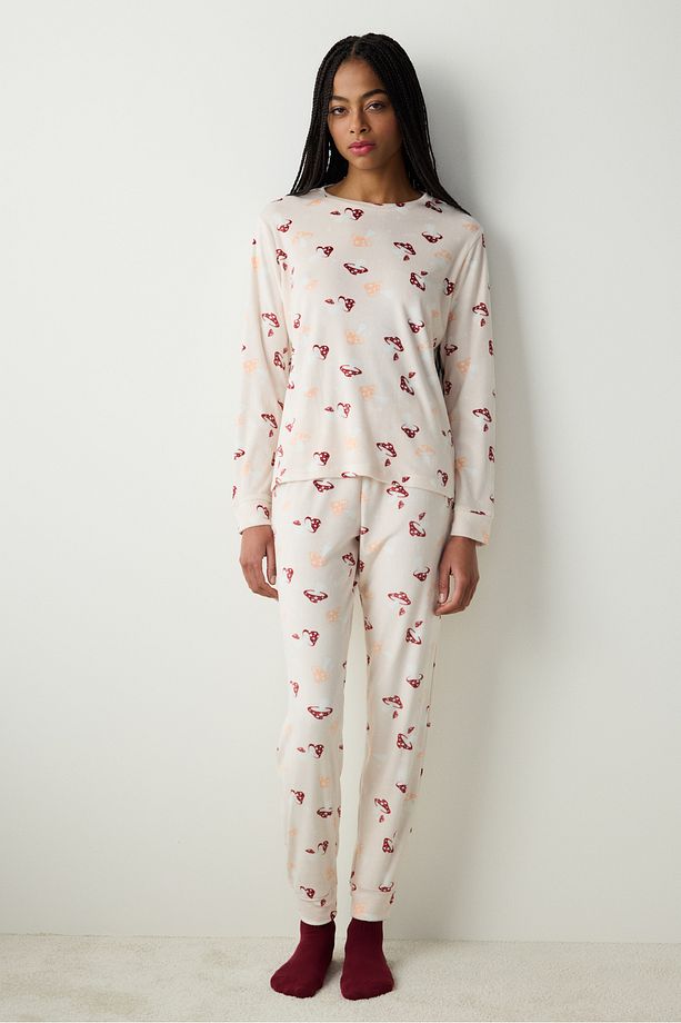 Cozy Fuzzy Bej Pantolon Pijama Takımı - 1