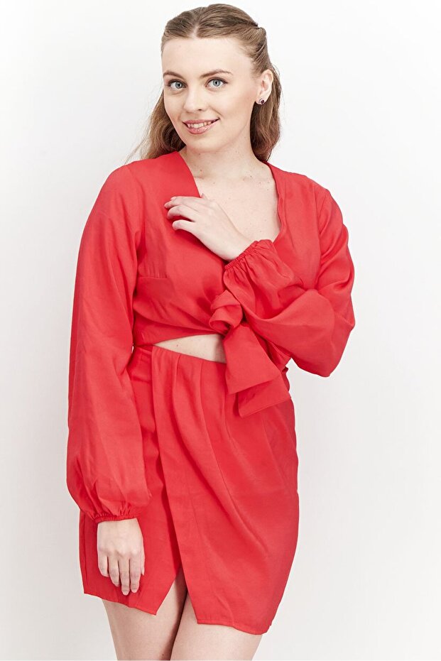 Women Solid Long Sleeves Tie Front Mini Dress, Red